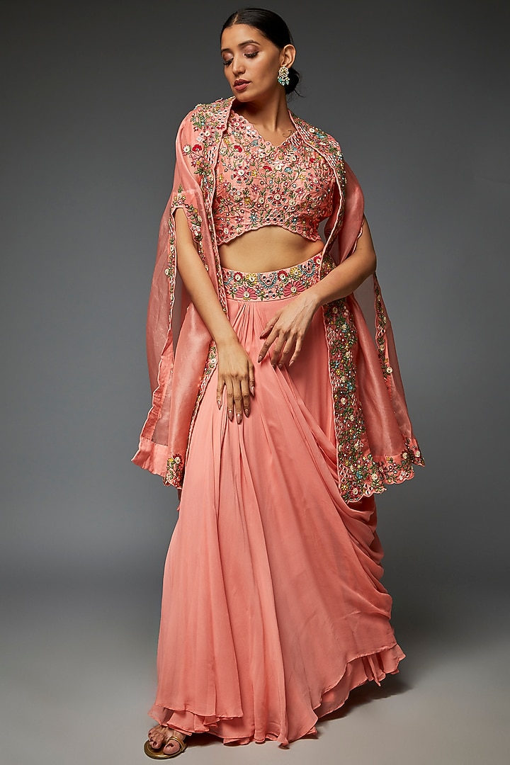 Blush Pink Silk & Satin Modal Cowl Skirt Set by Ojasvini at Pernia's Pop Up Shop