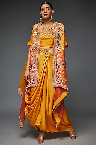 Mustard Yellow Dupion Silk Draped Skirt Set by Ojasvini