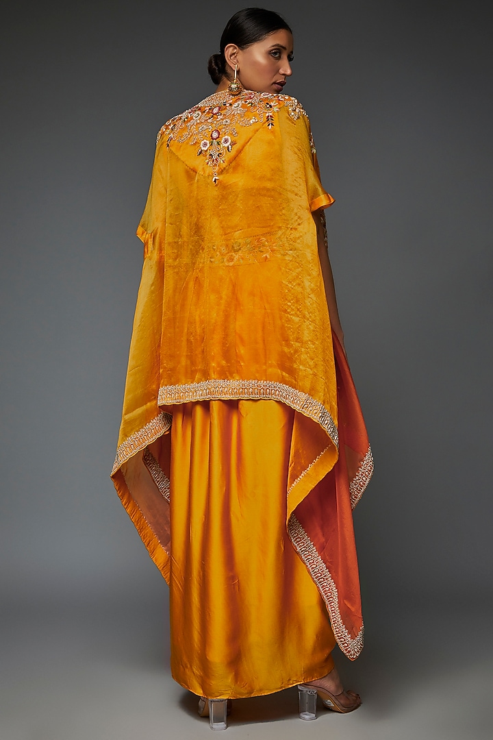Mustard Yellow Dupion Silk Draped Skirt Set by Ojasvini at Pernia's Pop Up Shop