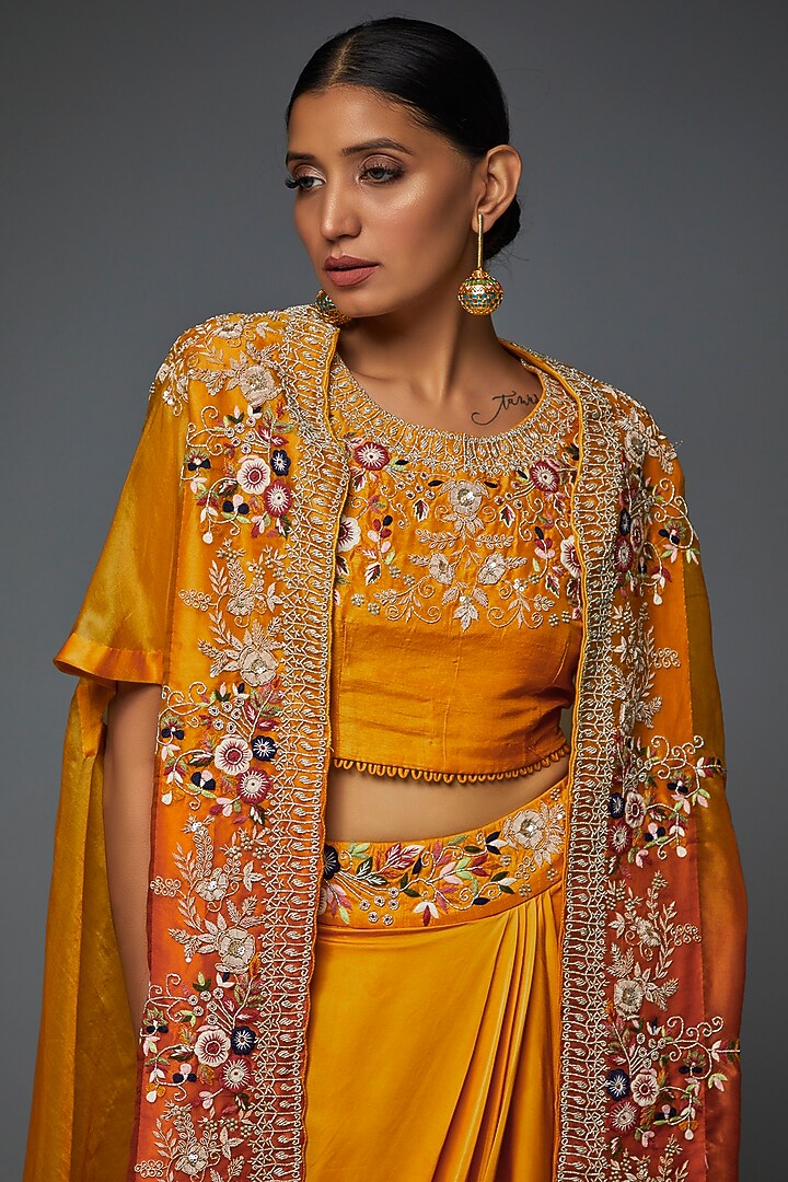 Mustard Yellow Dupion Silk Draped Skirt Set by Ojasvini at Pernia's Pop Up Shop