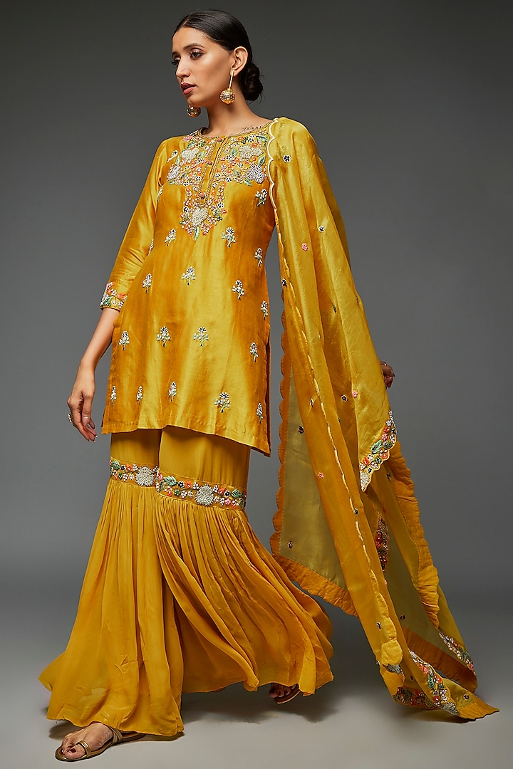 Mustard Yellow Georgette Embroidered Sharara Set by Ojasvini at Pernia's Pop Up Shop