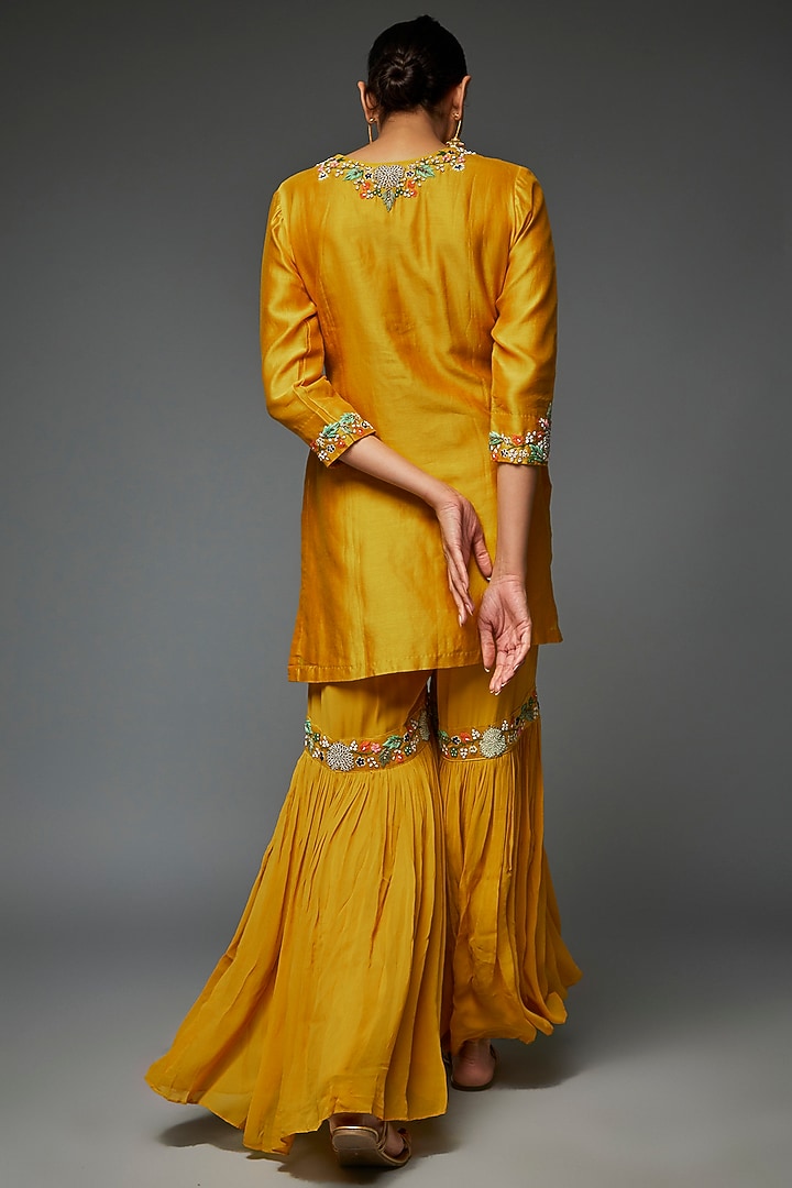 Mustard Yellow Georgette Embroidered Wedding Sharara Set by Ojasvini at Pernia's Pop Up Shop