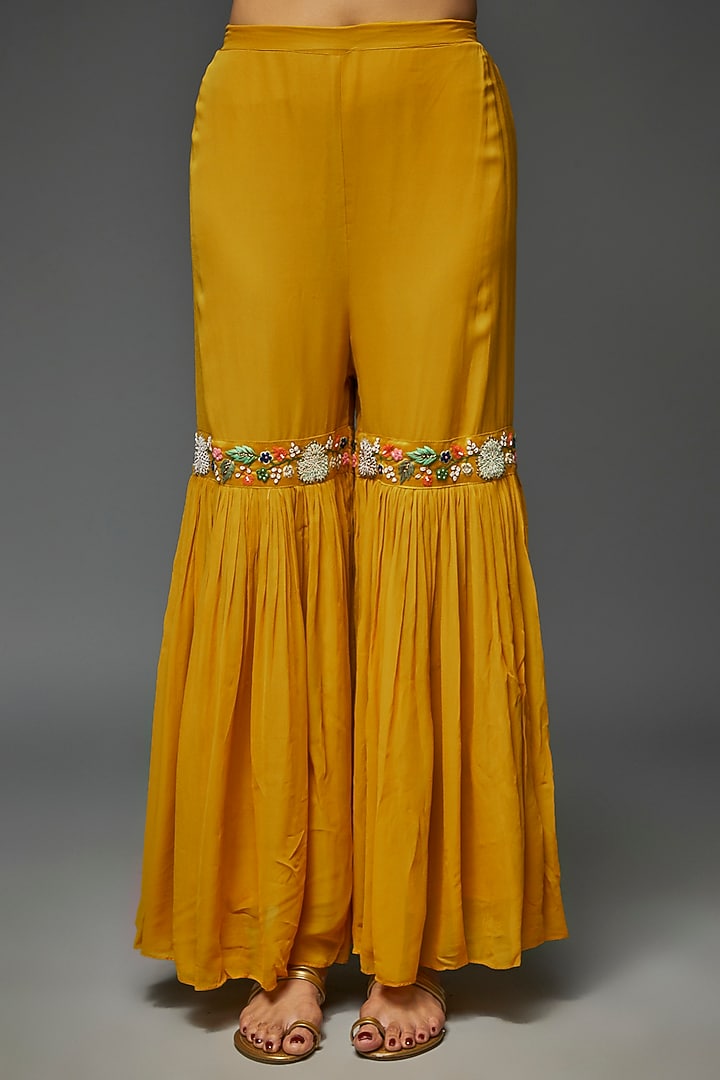Mustard Yellow Georgette Embroidered Wedding Sharara Set by Ojasvini at Pernia's Pop Up Shop