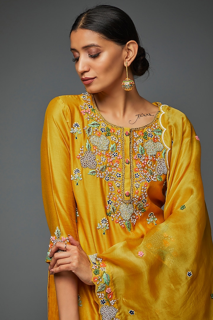 Mustard Yellow Georgette Embroidered Wedding Sharara Set by Ojasvini at Pernia's Pop Up Shop