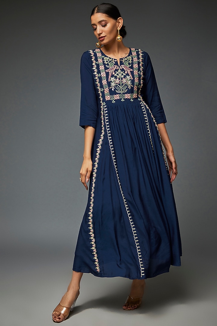 Blue Silk Embroidered Tunic by Ojasvini at Pernia's Pop Up Shop