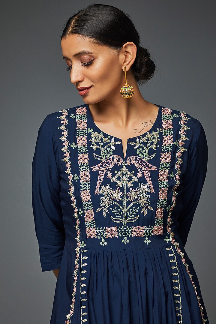 Blue Silk Embroidered Tunic by Ojasvini at Pernia's Pop Up Shop