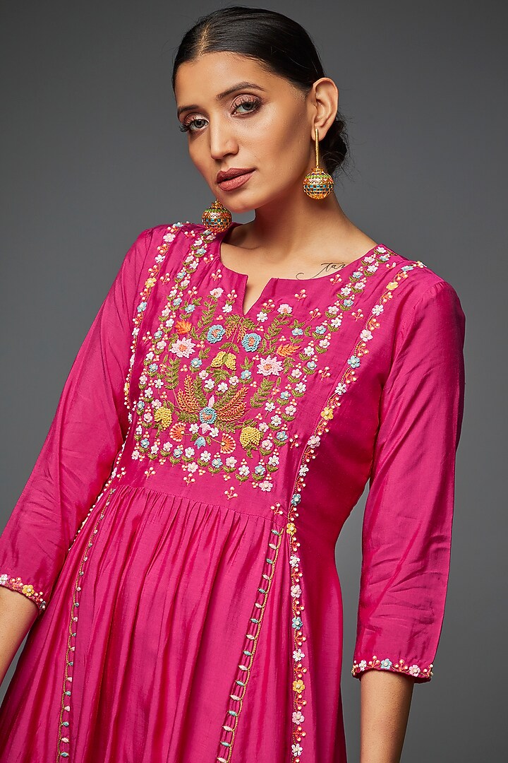 Fuchsia Pink Silk Embroidered Tunic by Ojasvini at Pernia's Pop Up Shop