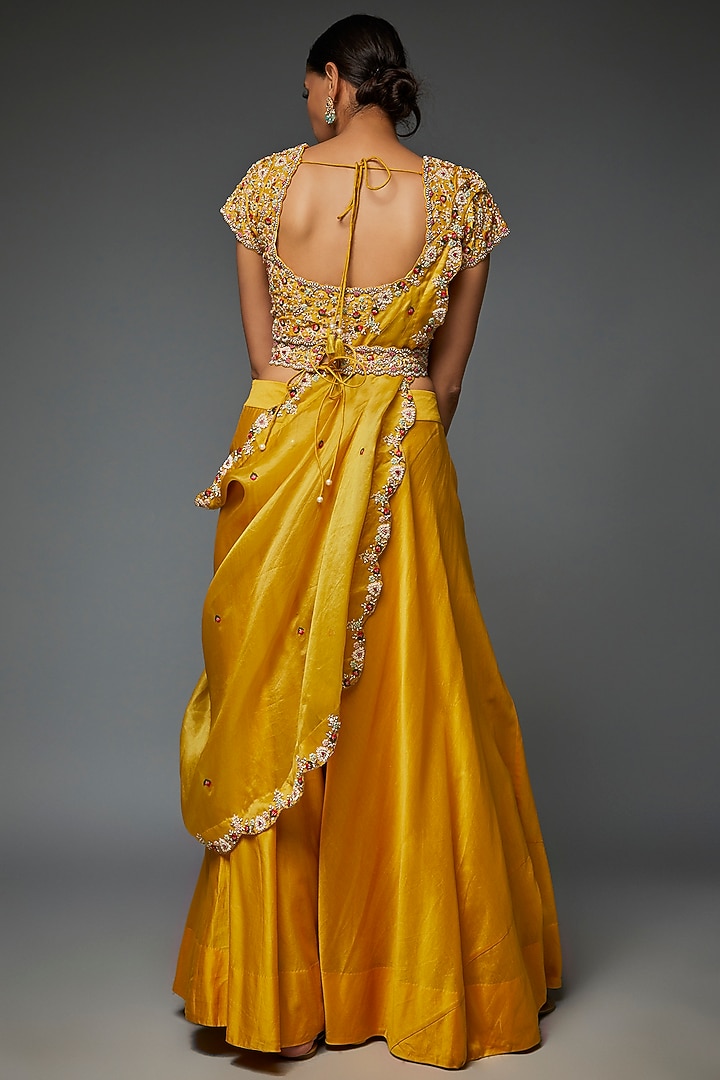 Yellow Silk Jaal Work Wedding Lehenga Set by Ojasvini at Pernia's Pop Up Shop