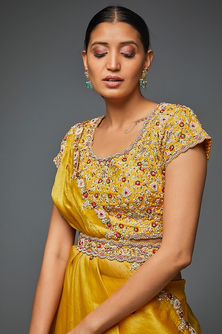 Yellow Silk Jaal Work Wedding Lehenga Set by Ojasvini at Pernia's Pop Up Shop