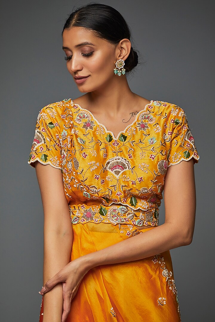Mustard Yellow Silk Jaal Work Wedding Lehenga Set by Ojasvini at Pernia's Pop Up Shop