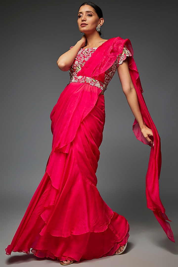 Fuchsia Pink Organza Saree Set by Ojasvini at Pernia's Pop Up Shop