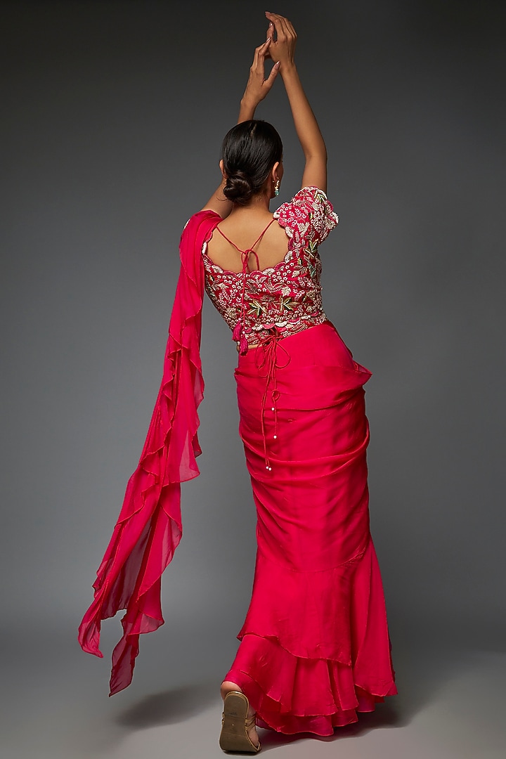 Fuchsia Pink Organza Wedding Saree Set by Ojasvini at Pernia's Pop Up Shop
