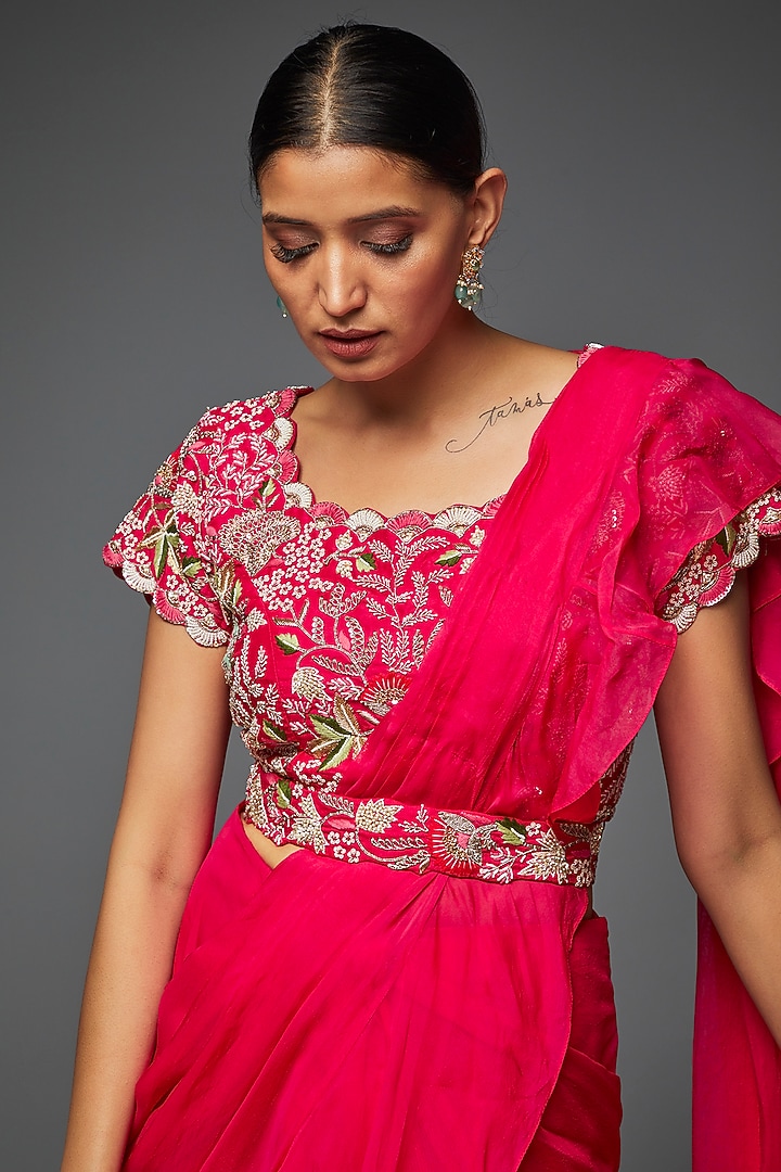 Fuchsia Pink Organza Wedding Saree Set by Ojasvini at Pernia's Pop Up Shop