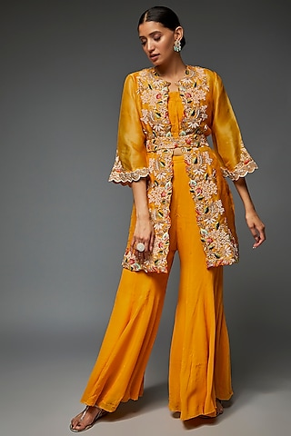 Yellow Georgette Sharara Set by Ojasvini