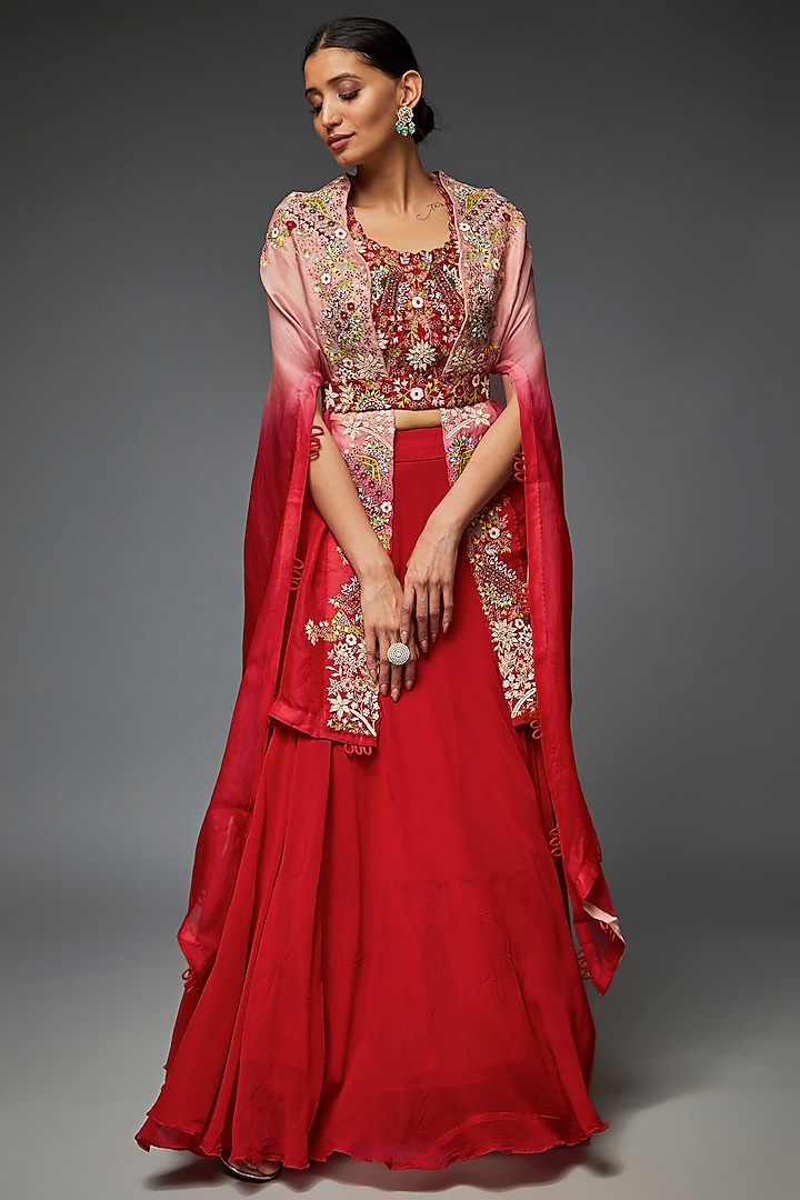 Red & Pink Silk Organza Embroidered Jacket Wedding Lehenga Set by Ojasvini at Pernia's Pop Up Shop