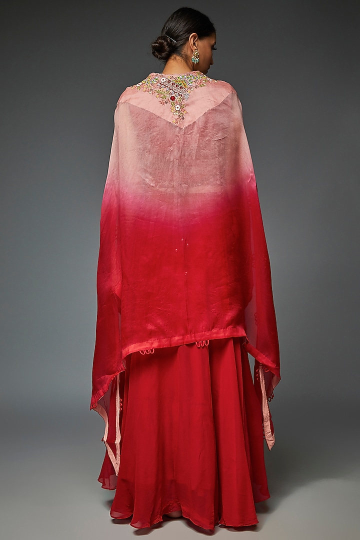 Red & Pink Silk Organza Embroidered Jacket Wedding Lehenga Set by Ojasvini at Pernia's Pop Up Shop