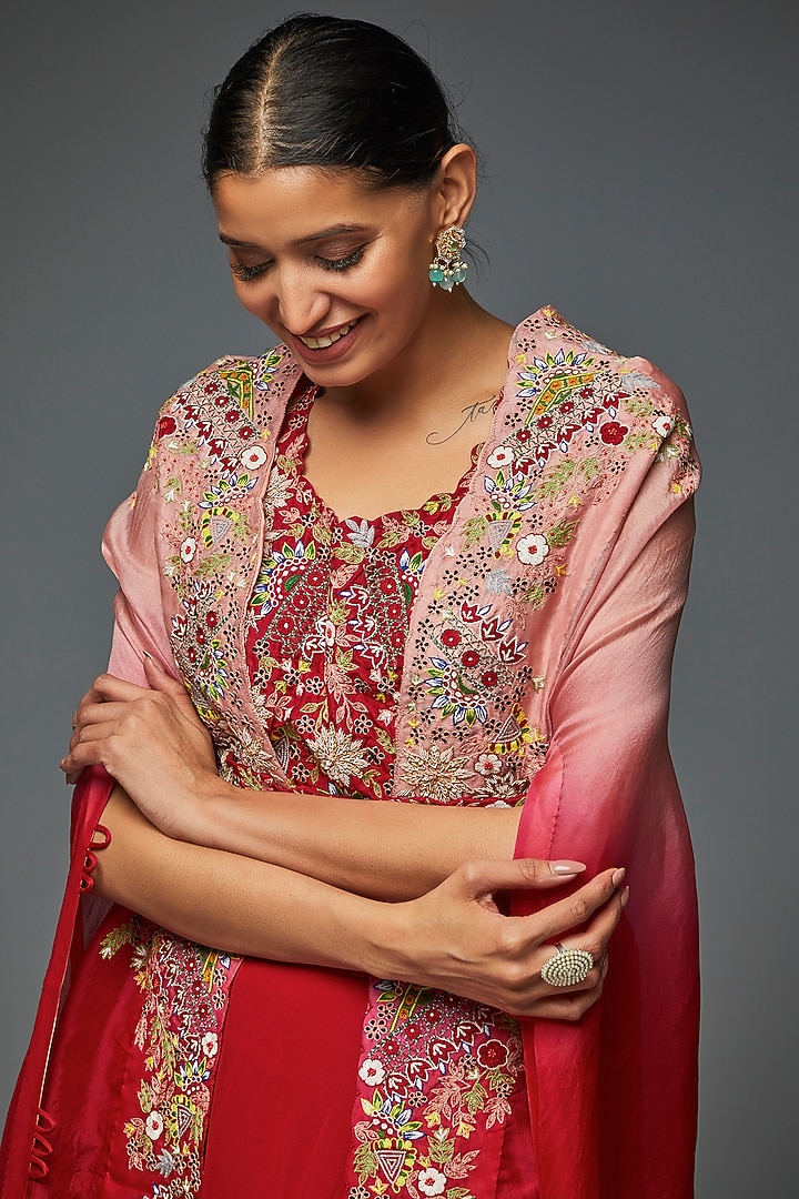 Red & Pink Silk Organza Embroidered Jacket Wedding Lehenga Set by Ojasvini at Pernia's Pop Up Shop