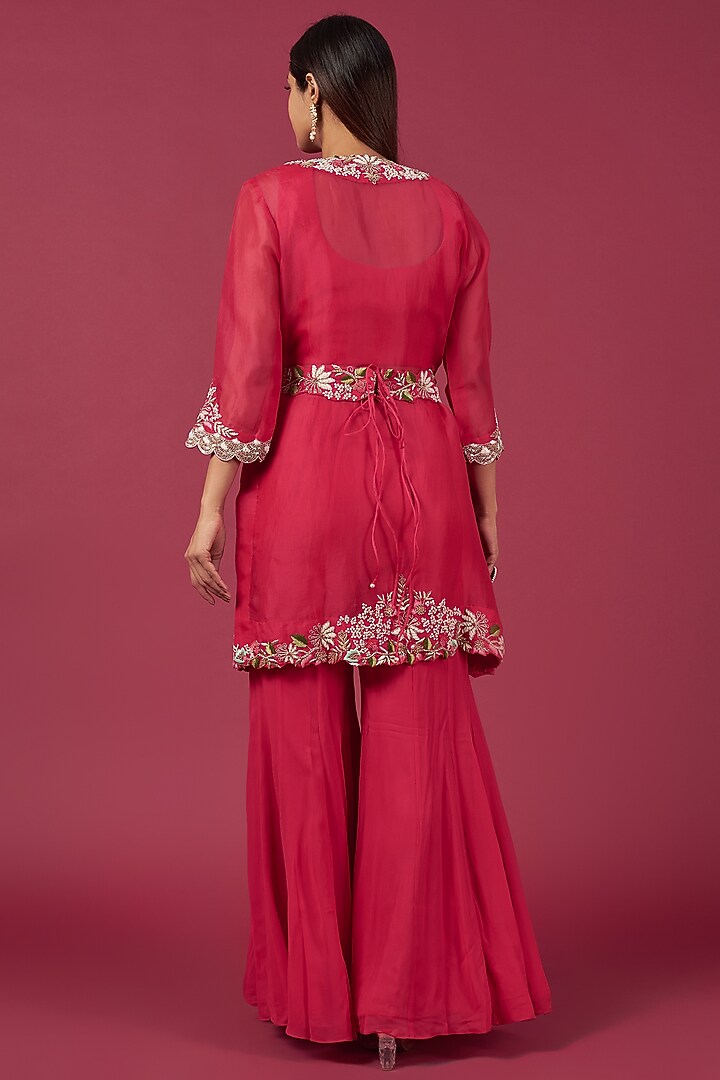 Red Organza Hand Embroidered Jacket Set by Ojasvini at Pernia's Pop Up Shop