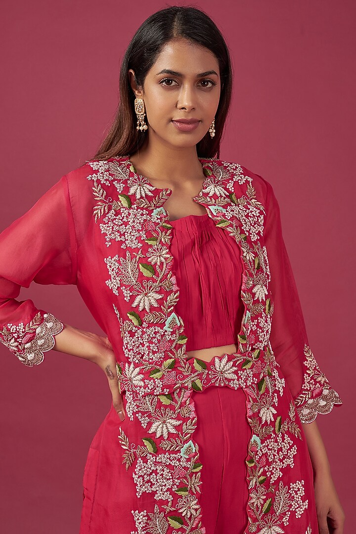 Red Organza Hand Embroidered Jacket Set by Ojasvini at Pernia's Pop Up Shop