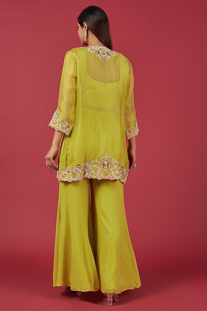 Mustard Organza Hand Embroidered Jacket Set by Ojasvini at Pernia's Pop Up Shop