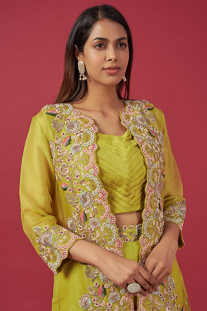 Mustard Organza Hand Embroidered Jacket Set by Ojasvini at Pernia's Pop Up Shop