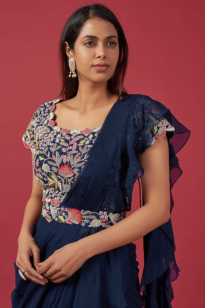 Blue Organza Wedding Saree Set by Ojasvini at Pernia's Pop Up Shop