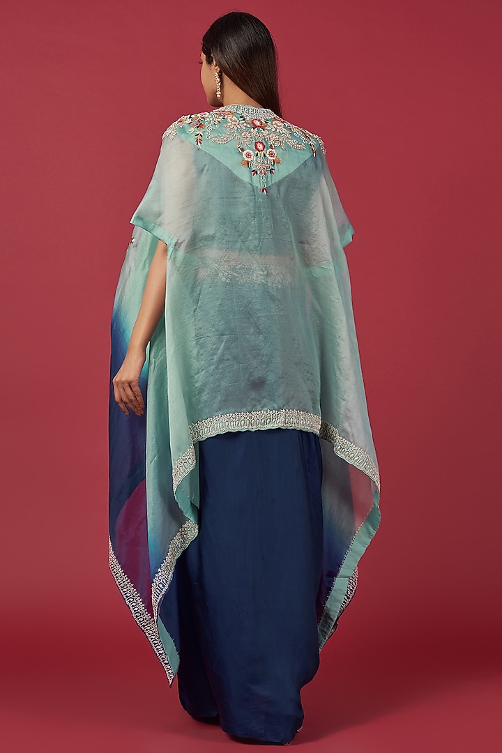 Blue Georgette Cowl Wedding Lehenga Set by Ojasvini at Pernia's Pop Up Shop