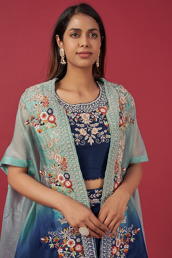 Blue Georgette Cowl Wedding Lehenga Set by Ojasvini at Pernia's Pop Up Shop