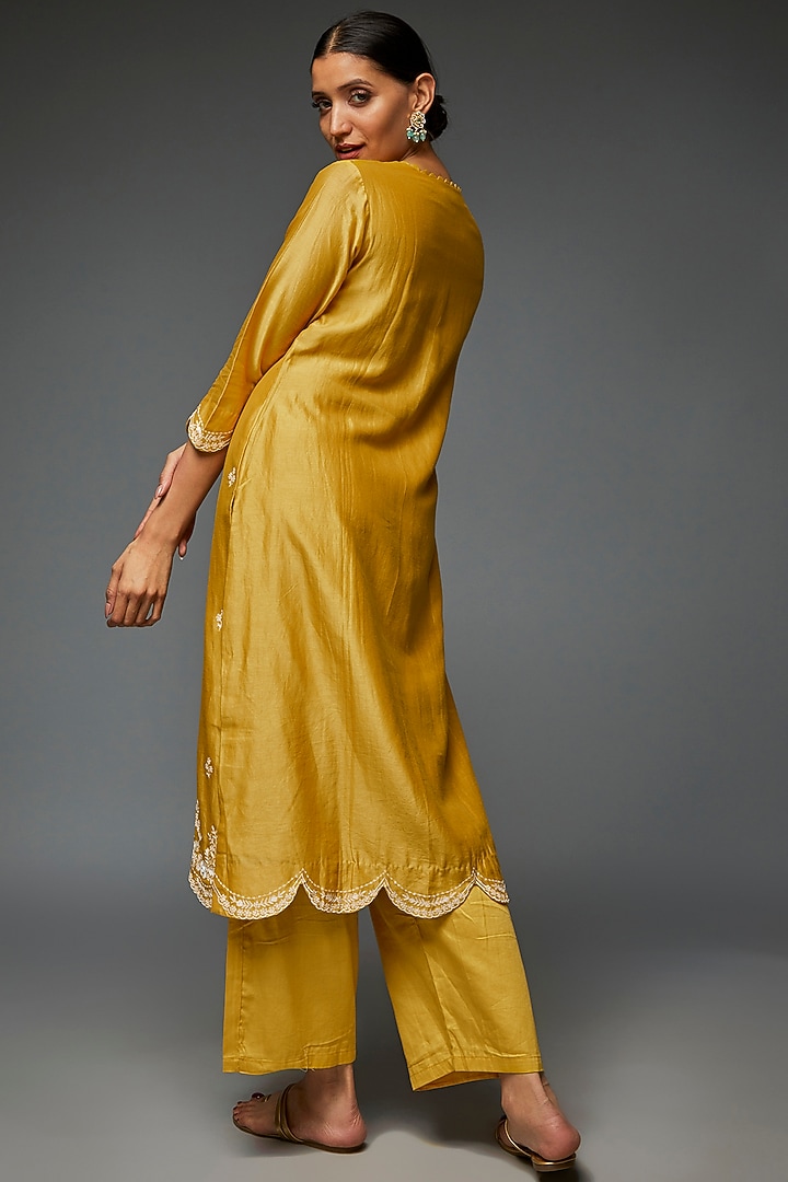 Mustard Yellow Silk Hand Embroidered Kurta Set by Ojasvini at Pernia's Pop Up Shop