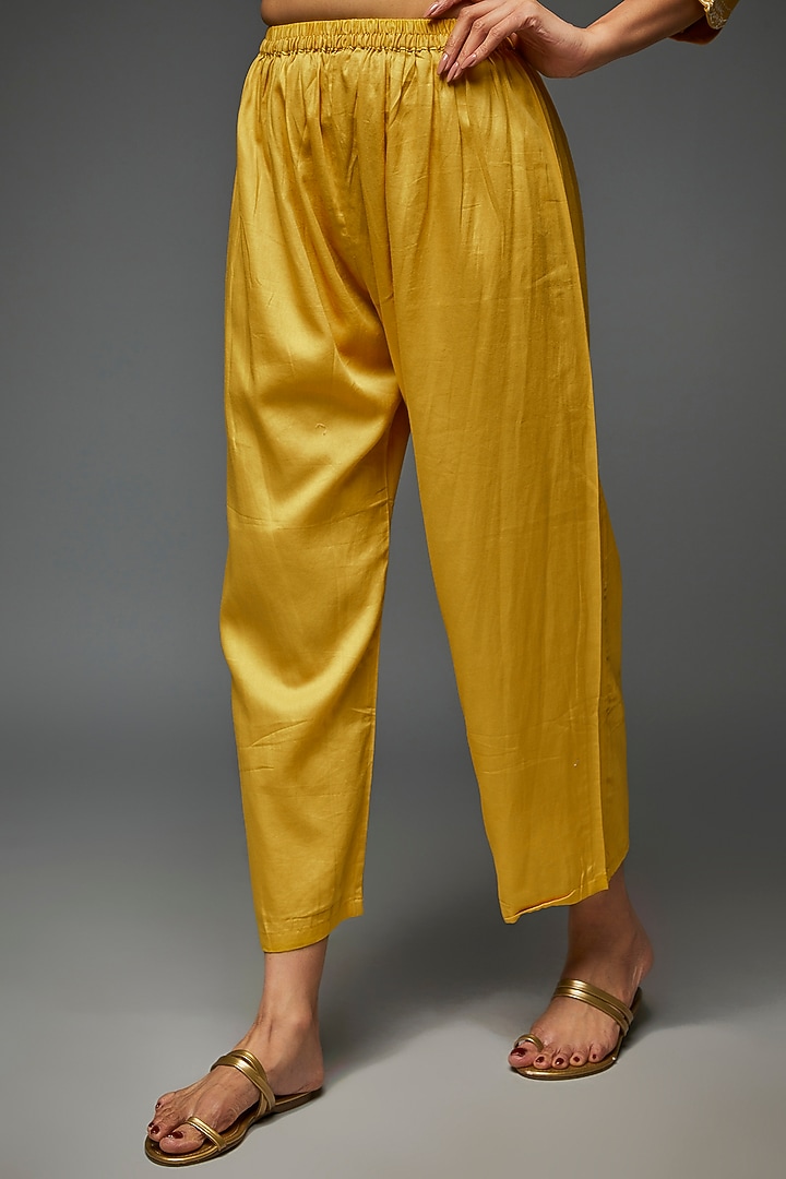 Mustard Yellow Silk Hand Embroidered Kurta Set by Ojasvini at Pernia's Pop Up Shop