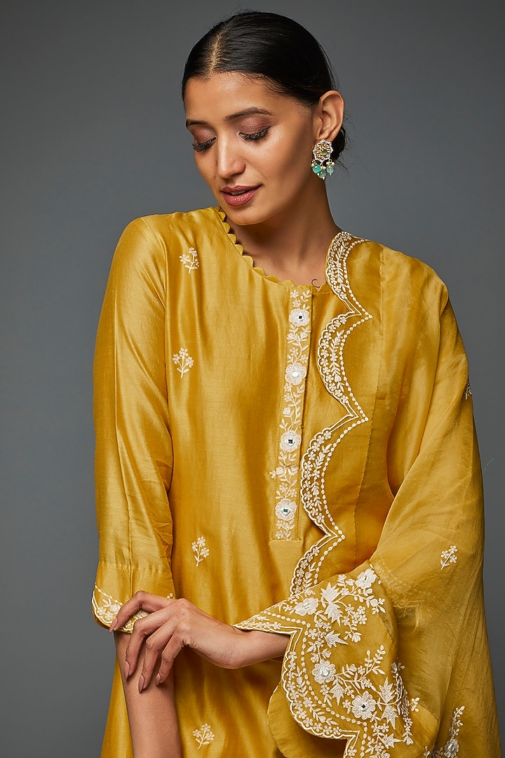 Mustard Yellow Silk Hand Embroidered Kurta Set by Ojasvini at Pernia's Pop Up Shop