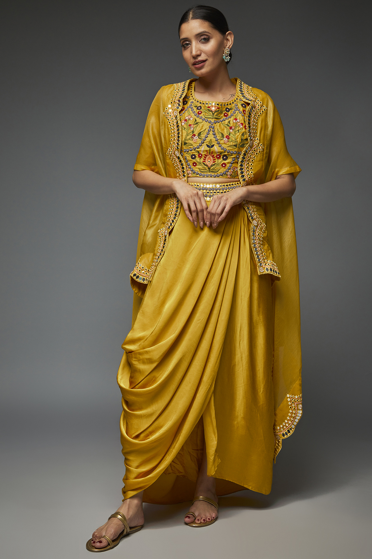 Lime Green Silk & Satin Modal Cowl Skirt Set by Ojasvini at Pernia's Pop Up Shop
