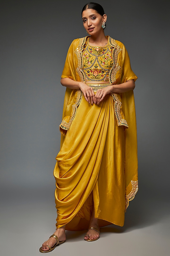 Lime Green Silk & Satin Modal Cowl Skirt Set by Ojasvini at Pernia's Pop Up Shop
