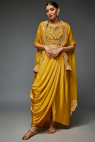 Lime Green Silk & Satin Modal Cowl Skirt Set by Ojasvini