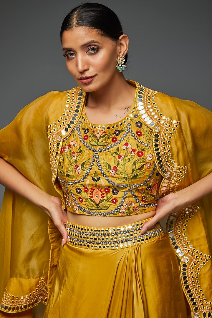 Lime Green Silk & Satin Modal Cowl Skirt Set by Ojasvini at Pernia's Pop Up Shop