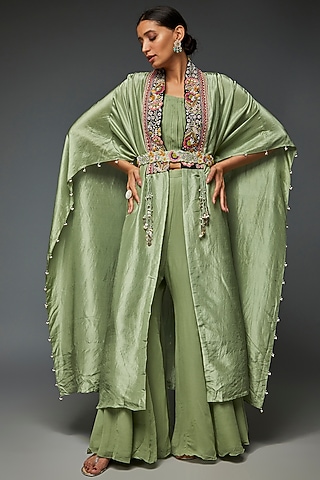 Pista Green Dupion Silk Embroidered Cape Set by Ojasvini