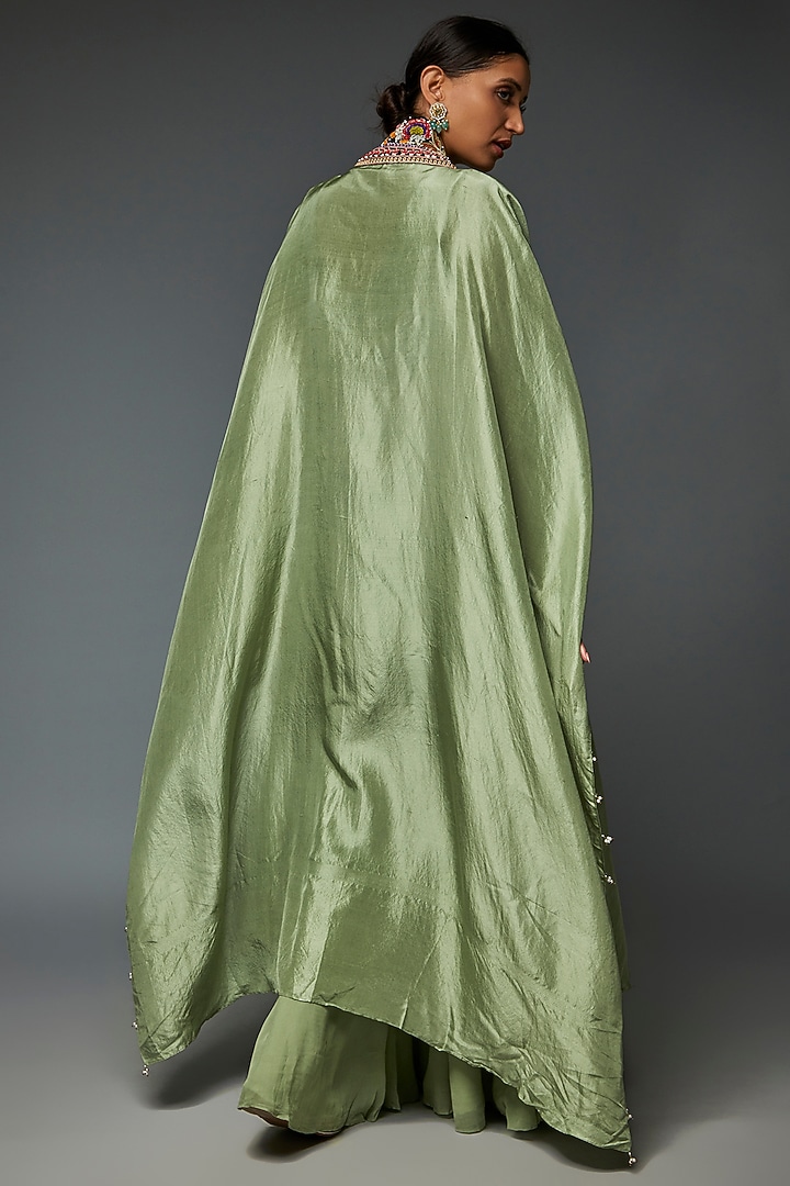 Pista Green Dupion Silk Embroidered Cape Set by Ojasvini at Pernia's Pop Up Shop