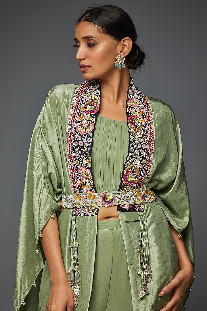 Pista Green Dupion Silk Embroidered Cape Set by Ojasvini at Pernia's Pop Up Shop