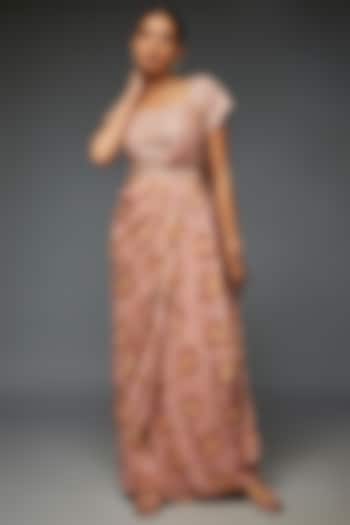Blush Pink Chiffon Gown Saree With Belt by Ojasvini