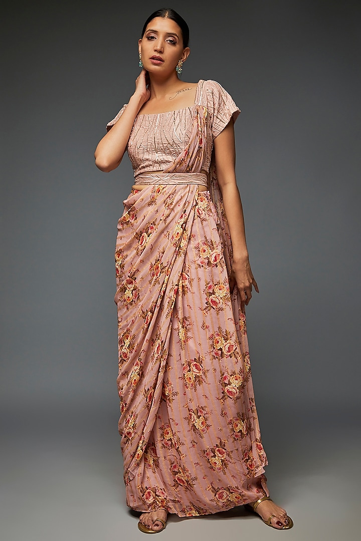 Blush Pink Chiffon Gown Saree With Belt by Ojasvini