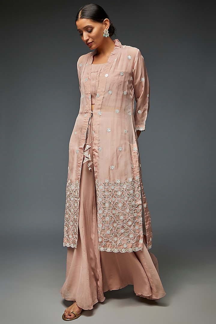 Blush Pink Georgette Embroidered Cape Set by Ojasvini