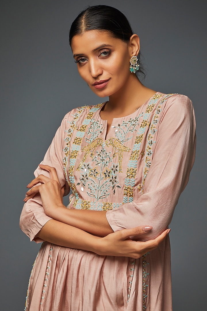 Blush Pink Muslin Embroidered Tunic by Ojasvini at Pernia's Pop Up Shop