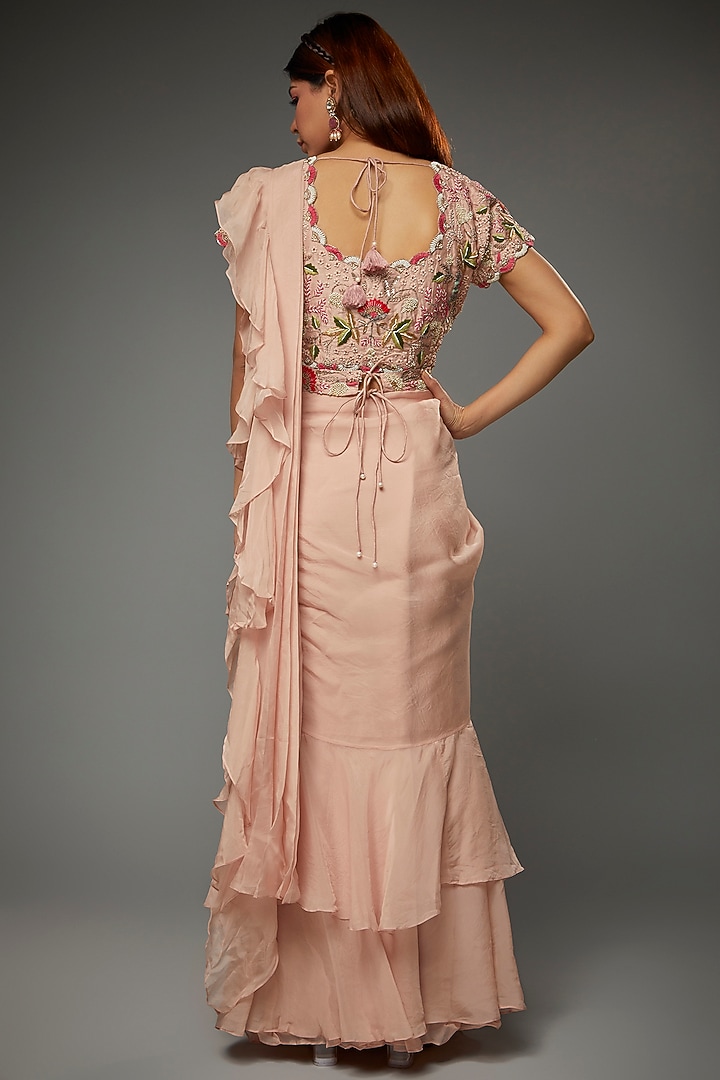 Blush Pink Organza Wedding Saree Set by Ojasvini at Pernia's Pop Up Shop