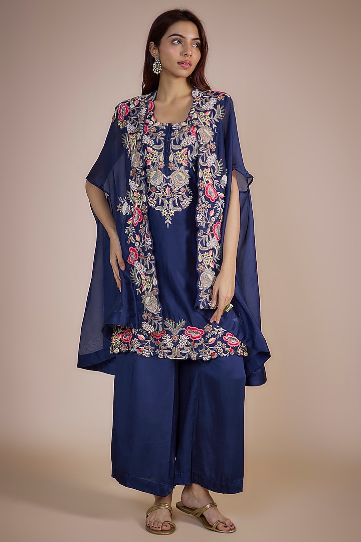 Navy Blue Silk Chanderi & Organza Embroidered Cape Set by Ojasvini at Pernia's Pop Up Shop