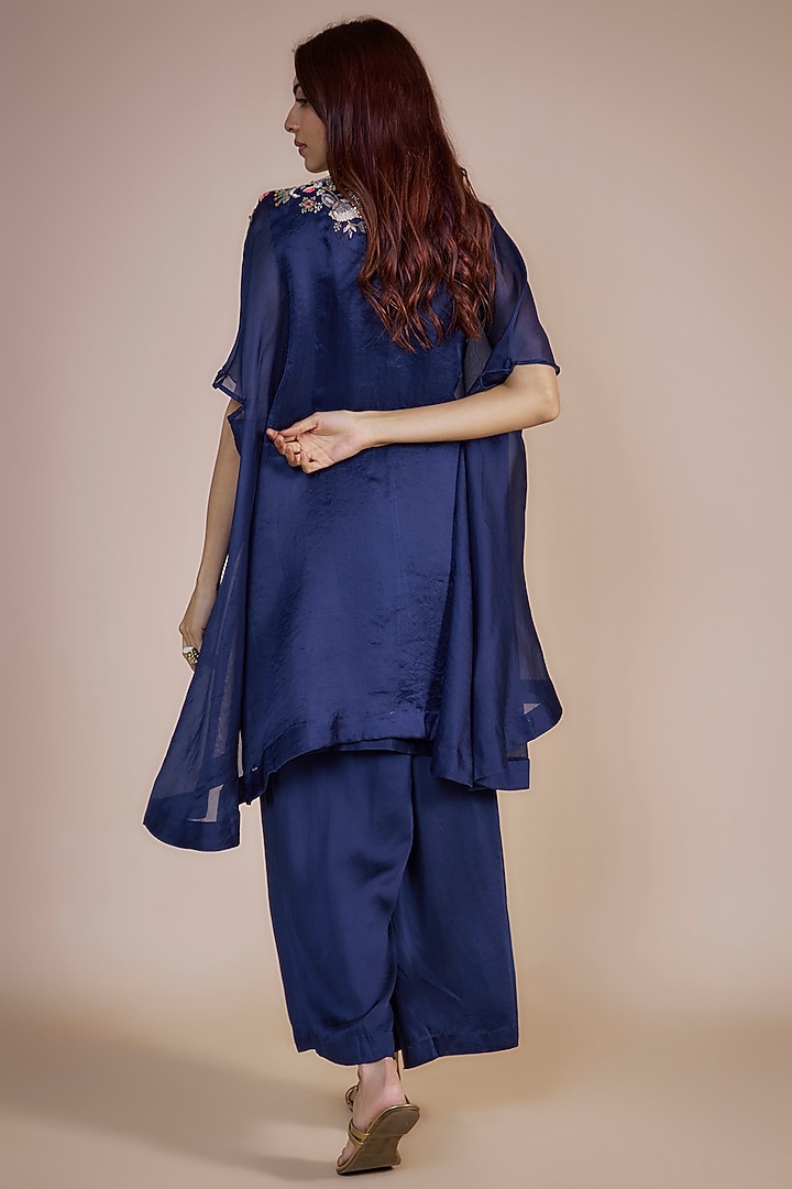 Navy Blue Silk Chanderi & Organza Embroidered Cape Set by Ojasvini at Pernia's Pop Up Shop