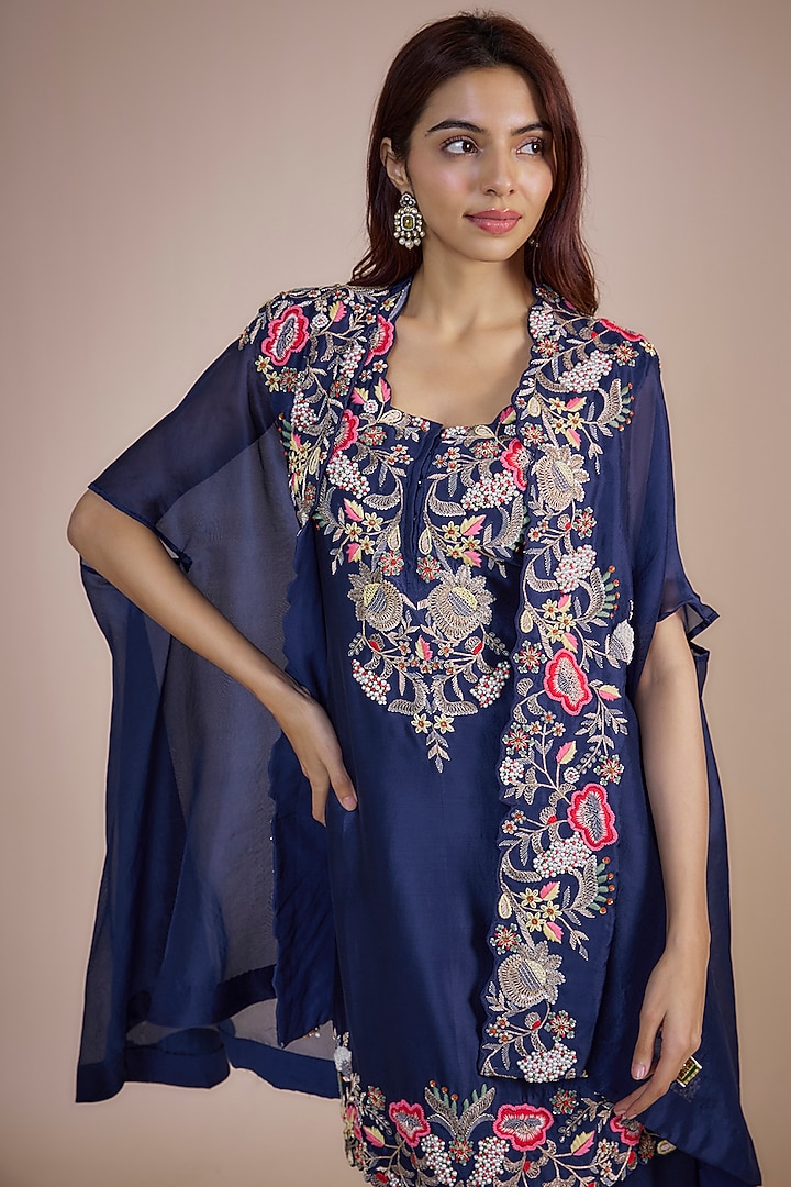 Navy Blue Silk Chanderi & Organza Embroidered Cape Set by Ojasvini at Pernia's Pop Up Shop