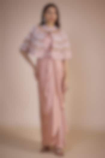 Blush Pink Satin Gown With Cape by Ojasvini