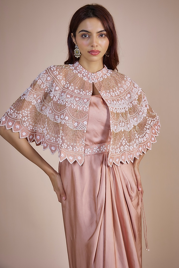 Blush Pink Satin Engagement Gown With Cape by Ojasvini at Pernia's Pop Up Shop