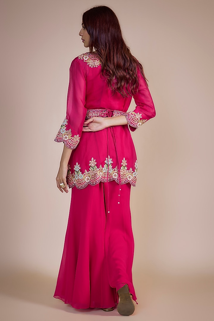 Cherry Red Silk & Georgette Hand Embroidered Jacket Set by Ojasvini at Pernia's Pop Up Shop