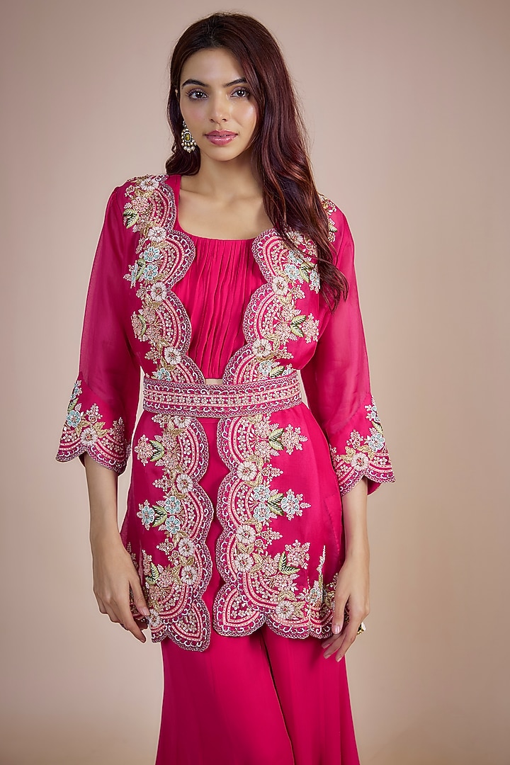 Cherry Red Silk & Georgette Hand Embroidered Jacket Set by Ojasvini at Pernia's Pop Up Shop
